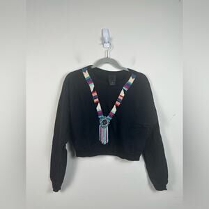 Anna Sui Black Necklace Beaded Cropped Sweatshirt Size Small Aztec Southwestern